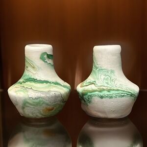 Pair Small Ceramic Vases Marbled Green White Unique Art Decor Nemadji Pottery